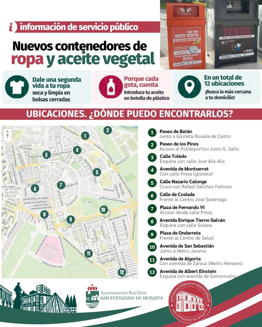 San Fernando de Henares instala doce contenedores de ropa y aceite usado y amplía la recogida de enseres - imagen 1
